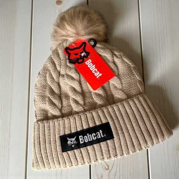 Bobcat Accessories - Bobcat Tan Cable Knit Beanie Hat Faux Fur Pom Pom Fleece Lined OSFM New